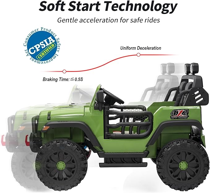 2 Seater Ride on Car Truck, 12V Kids Electric Ride on Toy for Big Kids Age 3-8 w/Remote Control- Army Green-BubblyBeeBaby