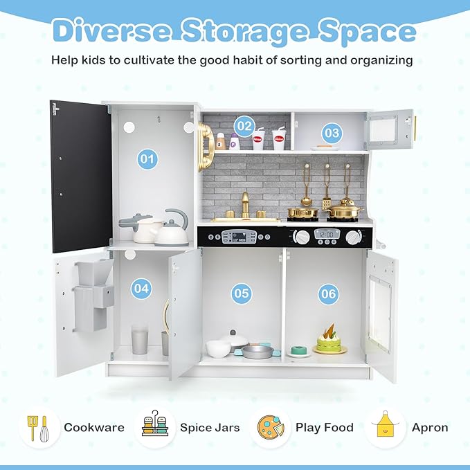 HONEY JOY Kids Kitchen Playset, Wooden Little Chef Pretend Toy Kitchen Set w/Chalkboard, Telephone, Utensils, Oven, Microwave, Sink, Storage, Play Kitchen for Toddlers Boys Girls, White Golden-BubblyBeeBaby