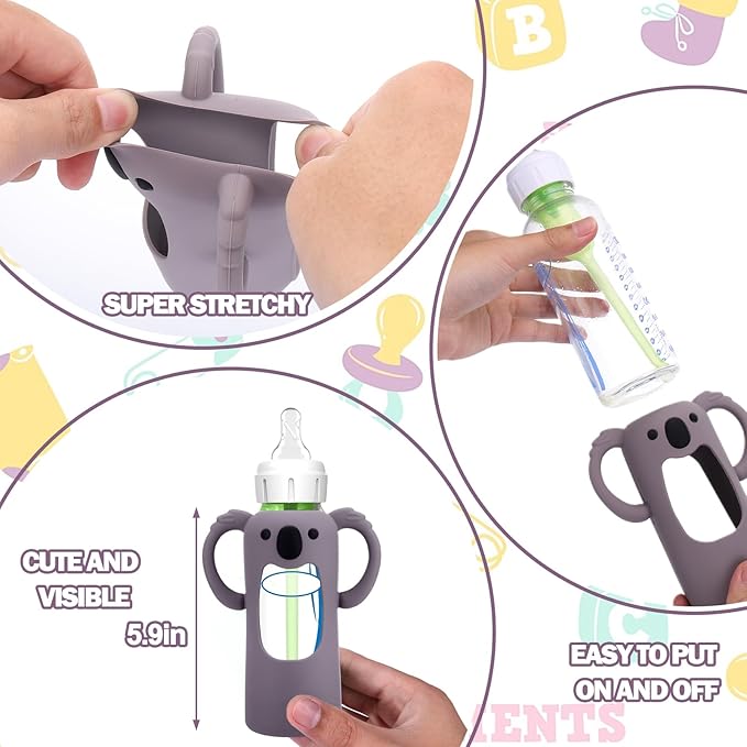 BUSOHA 3 Pack Koalas Silicone Sleeves for Dr. Brown's Glass Baby Bottles - Drop Protection Baby Bottle Sleeves Compatible with Dr Brown Newborn Glass Bottles with Silicone Handles,8 oz-BubblyBeeBaby
