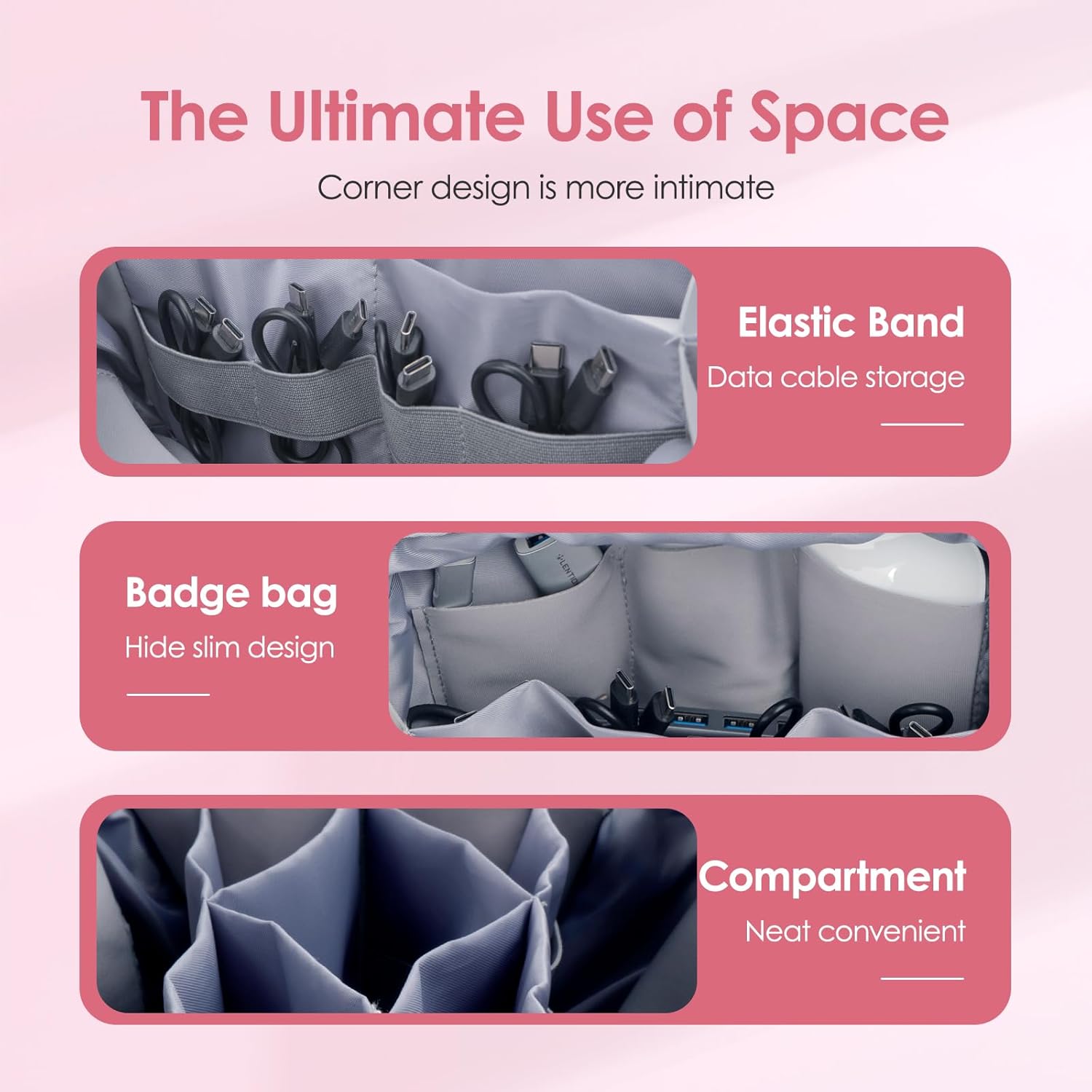 LENTION Electronics Organizer Bag Cable Tech Pouch for Electronic Accessories, Cable Organizer, Scratch-Resistant, Shock Proof, Padded Bag for AirPods, Charger Power Bank, Phone, Cord (M372, Pink)