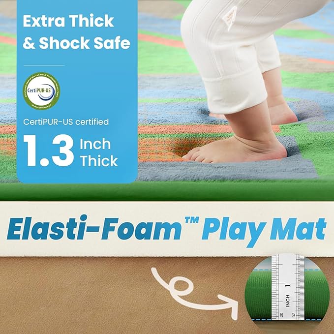 1.3" Thick Educational Baby Floor Play Mat 79x118, Basic Padded Memory Foam Kids Mat, Large Non-Slip Plush Playmat for Nursery Playroom Classroom (Race Track)-BubblyBeeBaby