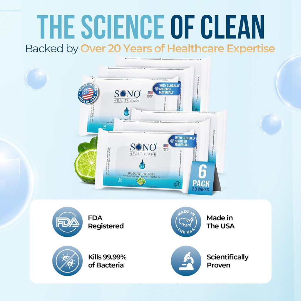 SONO Alcohol-Free Sanitizing Hand Wipes with Bergamot & Aloe Essential Oil - Hospital-Grade Disinfectant - Individually Wrapped Travel Size - 6 Packs of 20 - Gentle Cleaning & Germ Protection Anywhere