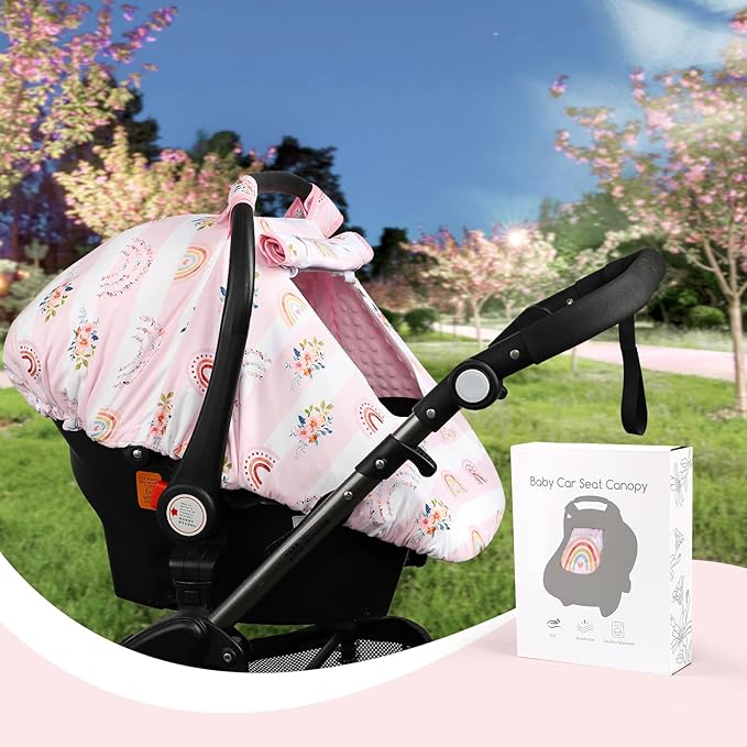 Pea Pod Car Seat Cover Baby, Infant Car Seat Canopy Covers for Newborn with 2 Layers Windows of Breathable Mesh Fabric, Lightweight Polyester/Soft Minky Dot Backing (Floral & Rainbow)-BubblyBeeBaby