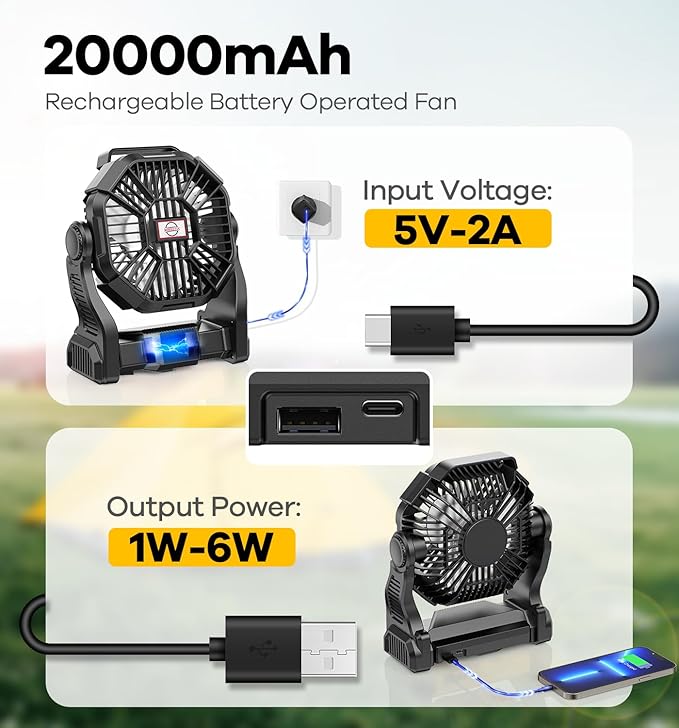 20000mAh Portable Battery Powered Camping Fan - with LED Light, Quiet Battery Operated, Camping Gear for Travel, Tent, Beach, Car or Hurricane Power Outages, Black-BubblyBeeBaby