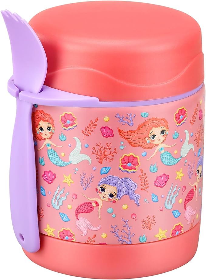 10oz Soup Thermo for Hot Food Kids,Lunch Thermo Kids Food Jar with Spoon Hot Insulated Food Containers,Leak Proof Stainless Steel Wide Mouth Lunch Food Thermo Jar for School(Pink-Mermaid)-BubblyBeeBaby