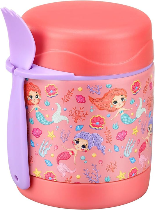 10oz Soup Thermo for Hot Food Kids,Lunch Thermo Kids Food Jar with Spoon Hot Insulated Food Containers,Leak Proof Stainless Steel Wide Mouth Lunch Food Thermo Jar for School(Pink-Mermaid)-BubblyBeeBaby