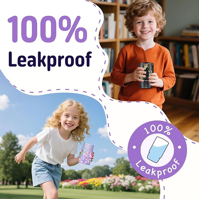 2-Pack Stainless Steel Vacuum Insulated Food Jar with Spoon, Soup Thermo Hot & Cold for Kids & Adults, Leakproof Insulated Lunch Containers with Carry Bag, 17oz.(Black-Dinosaur)-BubblyBeeBaby