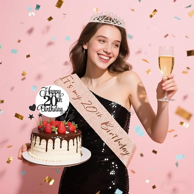 20th Birthday Decorations for Girls Women - 56pcs Rose Gold Happy 20th Banner, 20th Birthday Crown Sash, Cake Topper, Number 20 balloons, 3D Butterflies, 4 Balloon Stands kits-BubblyBeeBaby