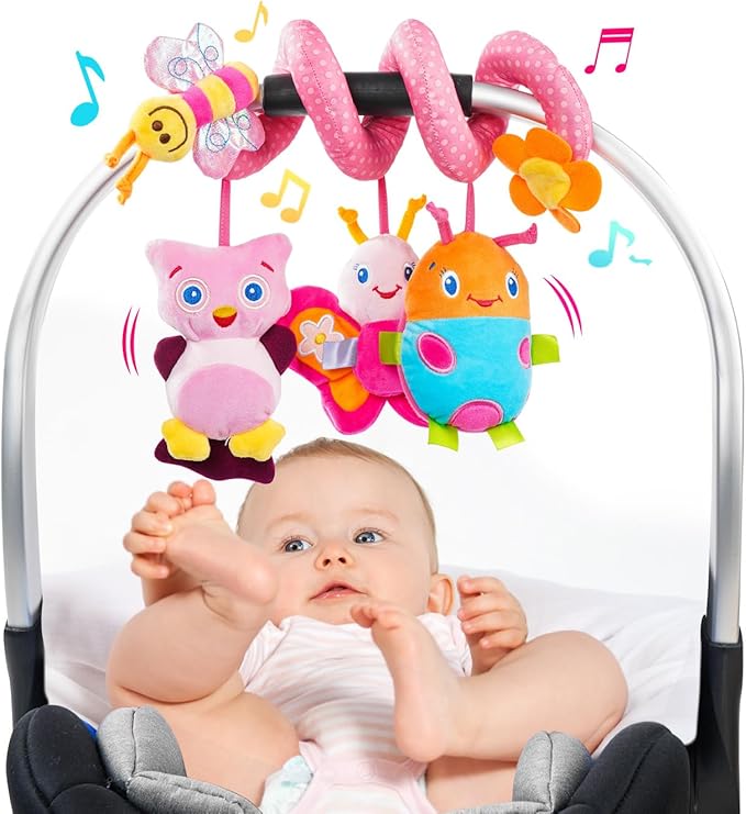 Jollybaby Baby Car Seat Stroller Toys, Plush Activity Hanging Spiral Activity Pram Crib with Music Box, Rattles, Squeaker for Babies Infant Boys Girls(Pink)-BubblyBeeBaby