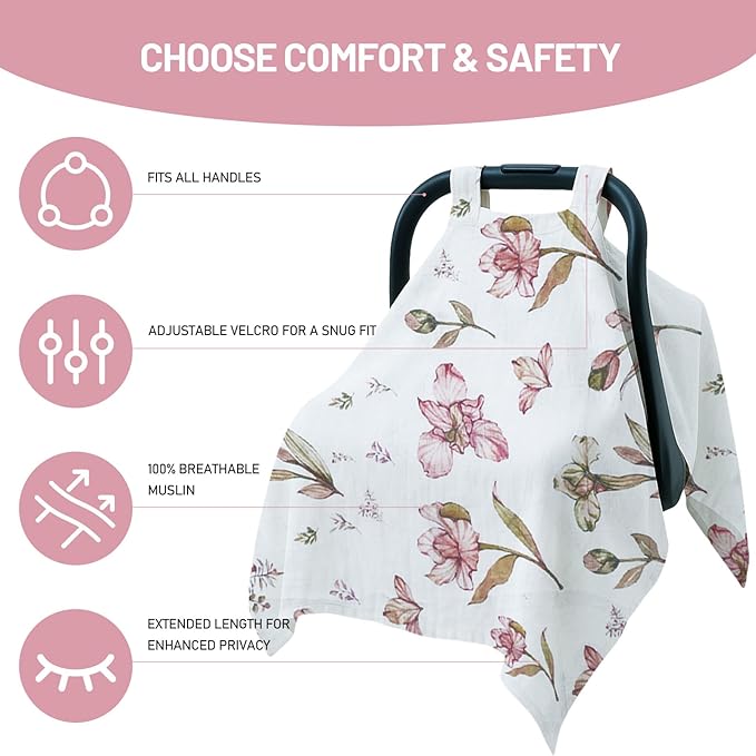 80S Muslin Car Seat Cover for Babies - Soft & Breathable Infant Carrier Canopy, Lightweight Sunshade for Summer, Universal Fit for Baby Boys & Girls-BubblyBeeBaby