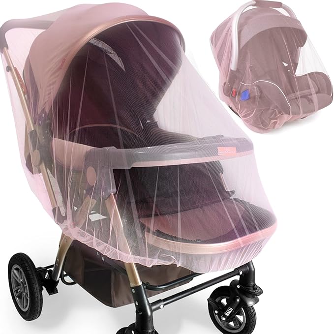 Durable Baby Stroller Mosquito Net (2 Pack) - Universal Elastic Edge Mesh Cover for Bassinets, Cradles, Playards, Car Seats & Mini Cribs | Breathable Travel Essential Newborn Protection (Pink)-BubblyBeeBaby