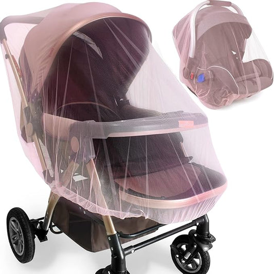Durable Baby Stroller Mosquito Net (2 Pack) - Universal Elastic Edge Mesh Cover for Bassinets, Cradles, Playards, Car Seats & Mini Cribs | Breathable Travel Essential Newborn Protection (Pink)-BubblyBeeBaby