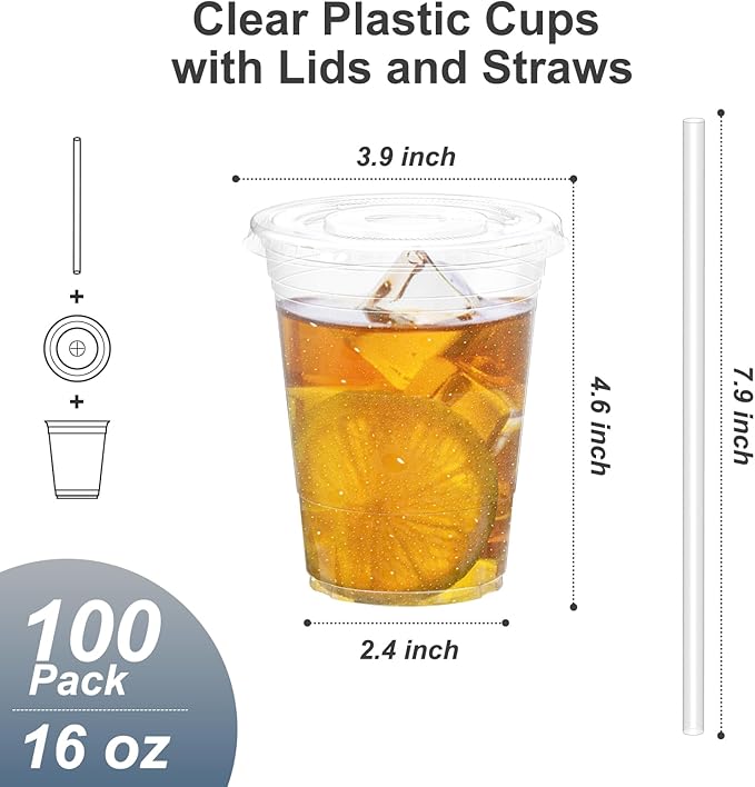 100 Pack - 16 oz Clear Plastic Cups with Lids and Straws, Sturdy & Food Safe Iced Coffee Cups with lids, Disposable Plastic Smoothie Cups for Cold Drinks-BubblyBeeBaby