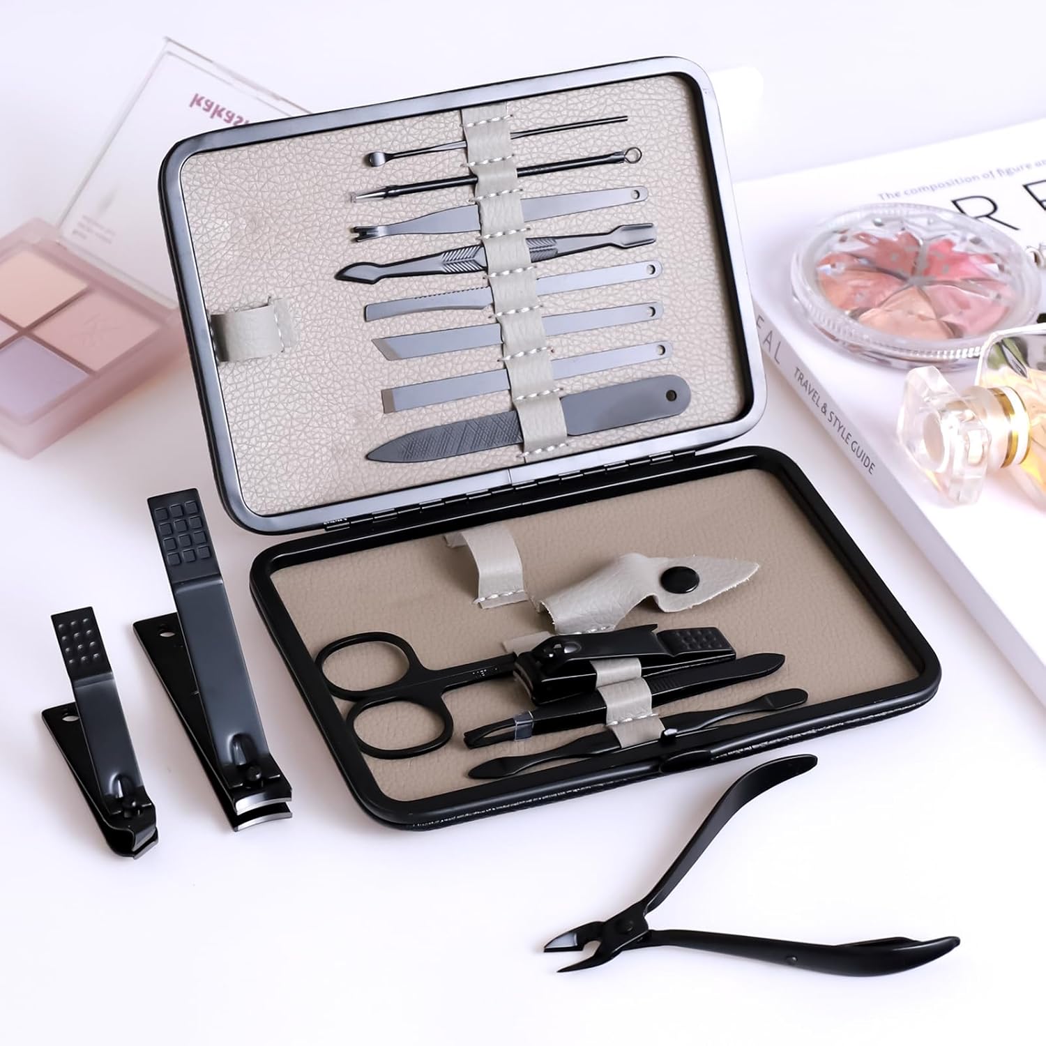 High Precision Stainless Steel Nail Clippers Set - 15 Pcs Manicure Pedicure Kit With File, Sharp Scissors, and Cutter for Fingernails & Toenails - Stylish Light Gray Case