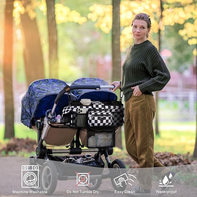 TOPDesign Universal Baby Stroller Organizer, Double Stroller Caddy with Detachable Mesh Bag & Heightened Insulated Cup Holders & Non-Slip Secure Hooks Accessories, Fits Most Strollers (Checkerboard)-BubblyBeeBaby