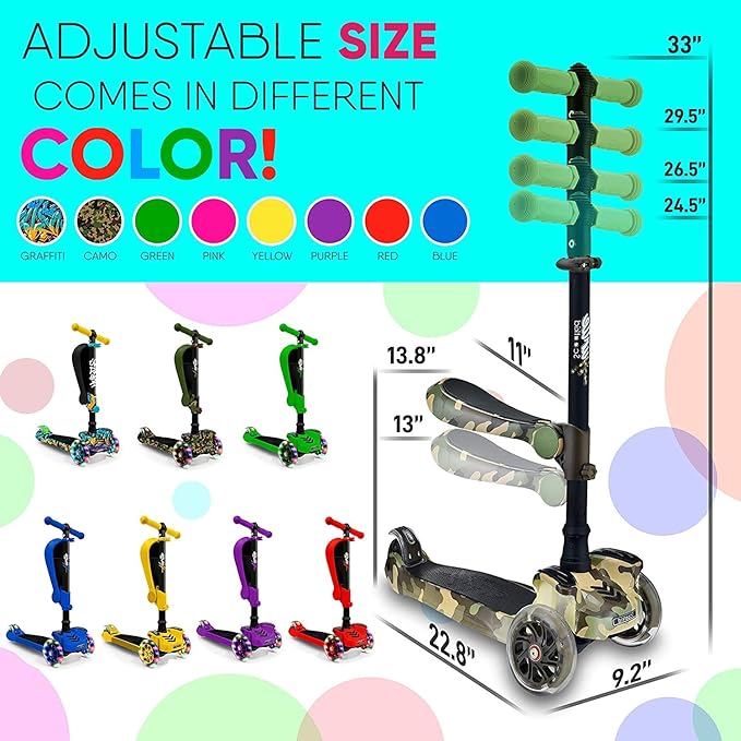 Hurtle 3-Wheeled Scooter for Kids - Wheel LED Lights, Adjustable Lean-to-Steer Handlebar, and Foldable Seat - Sit or Stand Ride with Brake for Boys and Girls Ages 1-14 Years Old-BubblyBeeBaby