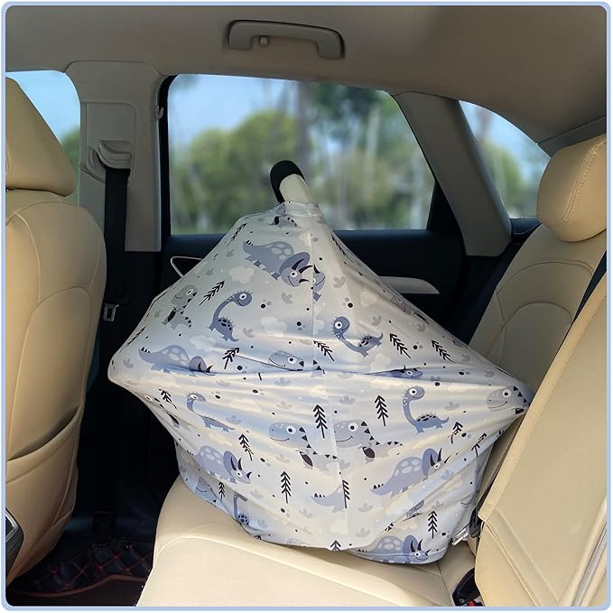 Car Seat Covers for Babies - Multi- use Nursing Carseat Canopy, Breastfeeding Covers, Baby Shower Gifts for Boys and Girls (Grey Dinosaur)-BubblyBeeBaby