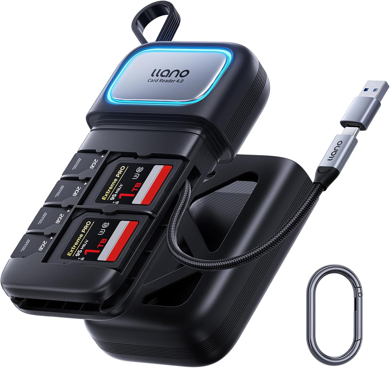 llano 2-in-1 High-Speed SD/Micro SD Card Reader Adapter(UHS-II Supported),Holder Case, Built-in Slot Storage, Compatible with iPhone, Android, PC, MacBook, Laptop, Dual Slot, USB Type-C 3.2 Gen1