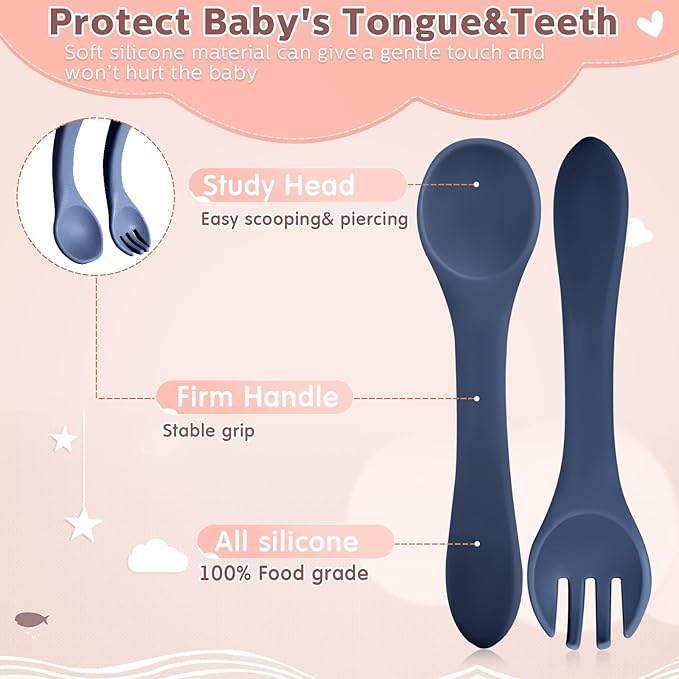 10 Pieces Baby Led Weaning Spoons and Forks Set Infant Silicone Spoon First Self Feed Baby training Utensils for Toddler First Stage Feeding Supplies for Kids Over 6 Months, 5 Pairs (Bright Colors)-BubblyBeeBaby
