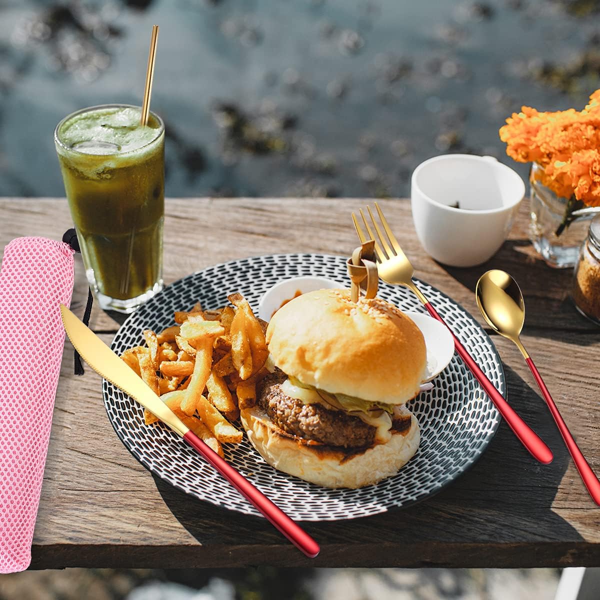 AARAINBOW 6 Pieces 18/8 Stainless Steel Flatware Set Portable Reusable Cutlery Set Travel Utensils Set Including Chopsticks Knife Fork Spoon Straws Cleaning Brush Dishwasher Safe (Red golden)