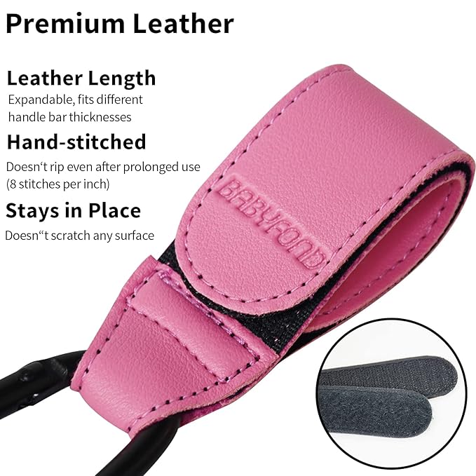 2 Pcs Stroller Hooks for Hanging, Portable Leather Style Stroller Clip Straps, Baby Stroller Hooks for Diaper Bags Grocery Shopping Bags, Mommy Hook for Stroller(Pink)-BubblyBeeBaby