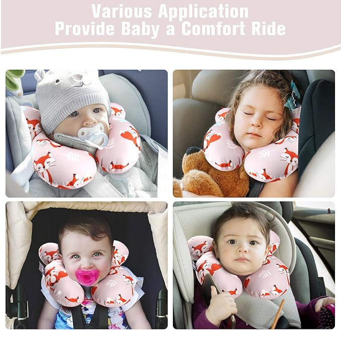 vocheer Baby Travel Pillow(Upgraded), Head and Neck Support Pillow for Pushchair, Car Seat,Stroller, Bouncer, Cotton, Orange Fox-BubblyBeeBaby