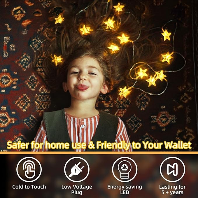 120 LED 40FT Star String Lights, 8 Modes Plug in Star Lights with Timer & Memory, Indoor Outdoor Christmas Twinkle Light for Birthday Party Bedroom Wedding Home Classrom Decor Warm White-BubblyBeeBaby