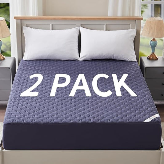 2 Pack Waterproof Mattress Protector, Queen Size Mattress Pad Noiseless with Deep Pocket Fitted for 6"-18", Soft Breathable Dirt-Proof Bed Mattress Cover Washable for Home, Bedroom, Hotel (Navy Blue)-BubblyBeeBaby