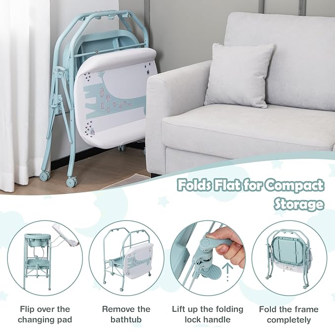 HONEY JOY Baby Changing Table with Bathtub, Foldable Infant Diaper Changing Station with Wheels, Storage Tray, Waterproof Pad, Portable Newborn Nursery Organizer Bath Stand for Boys Girls (Blue)-BubblyBeeBaby