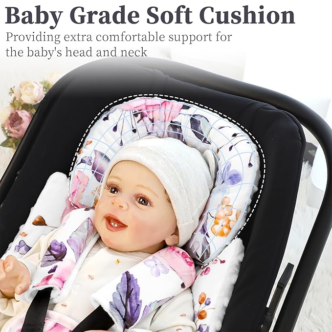 Pea Pod Infant Car Seat Insert with 3 Strap Covers, 3 in 1 Reversible Floral Baby Car Seat Head Support for Newborn, 3D Soft Minky Carseat Cushion for Preemie to Infant, Stroller, Swing, Bouncer-BubblyBeeBaby