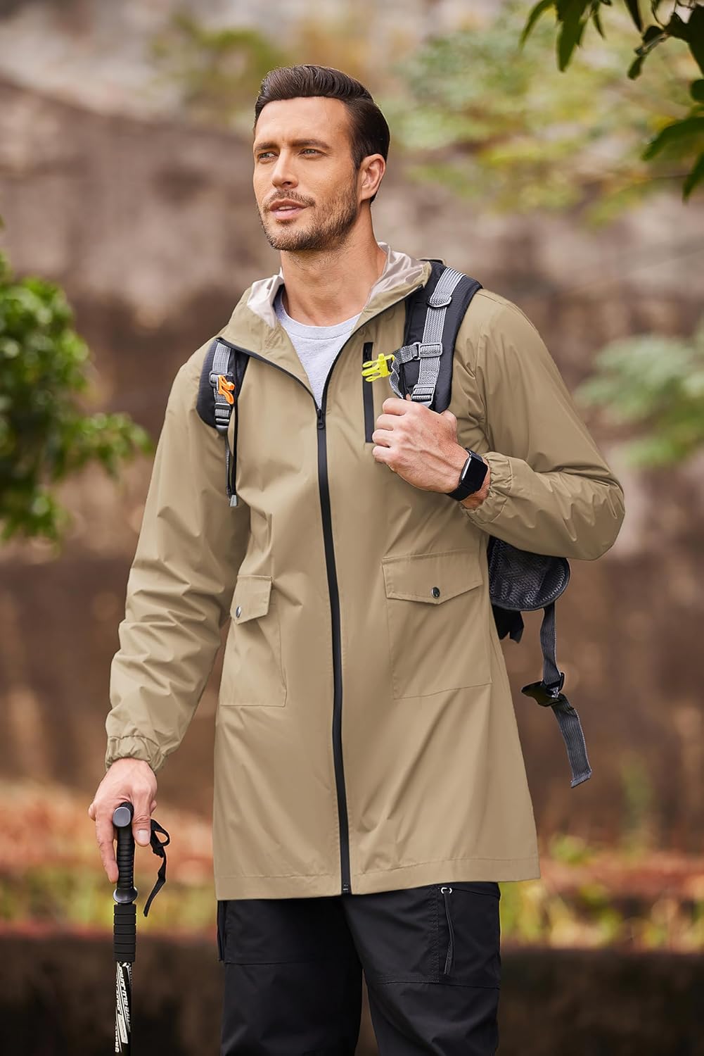 COOFANDY Men's Long Raincoat Ligtweight Rain Jacket Waterproof Outdoor Jackets with Hood