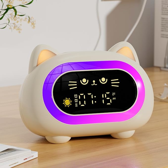Honesorn Alarm Clock for Kids, Ok to Wake Clock for Kids, Cute Cat Kids Alarm Clock for Girls Boys Toddler, Kids Clock with 10 Night Lights, 7 Soothing Sounds, Auto-Off Timer, Child Lock, Cream White-BubblyBeeBaby