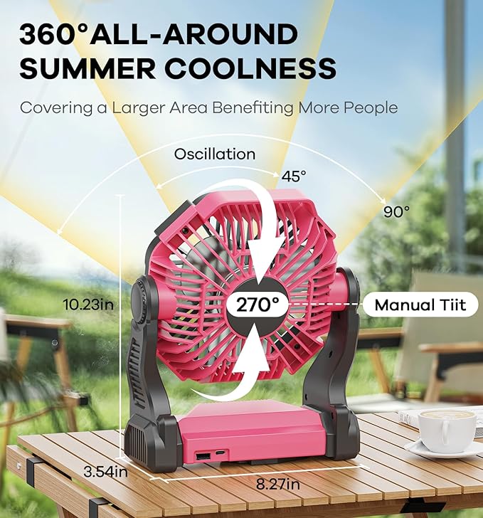 20000mAh Portable Battery Powered Camping Fan - with LED Light, Quiet Battery Operated, Camping Gear for Travel, Tent, Beach, Car or Hurricane Power Outages, Pink-BubblyBeeBaby