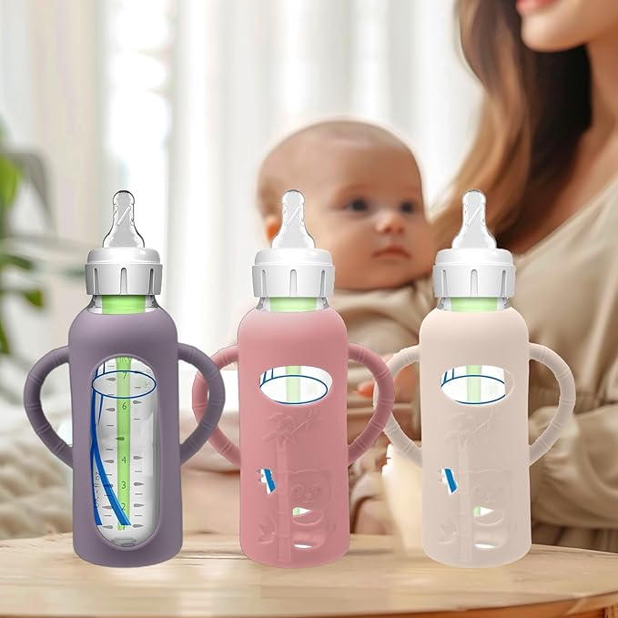 BUSOHA 3 Pack Silicone Sleeves for Dr Brown Glass Baby Bottles - Drop Protection Baby Bottle Sleeves,Compatible with Dr. Brown's Newborn Glass Bottles,with Silicone Handles,8 oz-BubblyBeeBaby