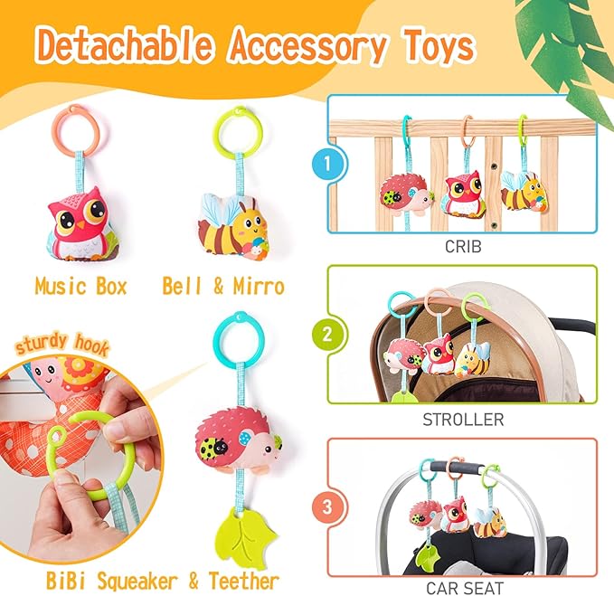 Jollybaby Crib Stroller Car Seat Toys for Baby 0-3-6-9-12 Months, Tummy Time Hanging Sensory Toys for Newborn with Music Box and Teether, Spiral Carseat Toy for Infant Boys Girls Gifts (Yellow)-BubblyBeeBaby