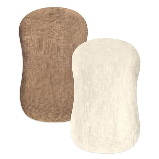 Hooyax Muslin Baby Lounger Cover 2 Pack, Soft and Breathable Newborn Lounger, Adorable Slipcover for Boys & Girls (Brown, Wheat)-BubblyBeeBaby