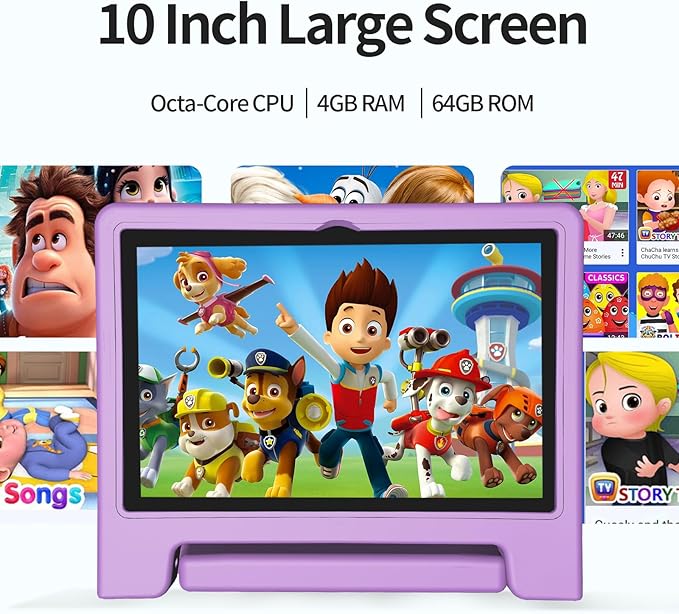 JREN Tablet for Kids｜10 Inch Kids Tablet Android 14｜Octa-core｜64GB｜WiFi ｜Bluetooth｜Parental Control｜Children Content｜Children Toddler Purple-BubblyBeeBaby