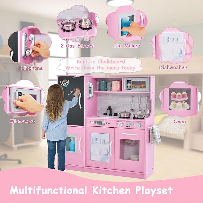 HONEY JOY Pink Kids Kitchen Playset, Wooden Little Chef Pretend Toy Kitchen Set w/Chalkboard, Telephone, Utensils, Oven, Microwave, Sink, Play Kitchen for Toddlers, Gift for Boys Girls, Pink-BubblyBeeBaby