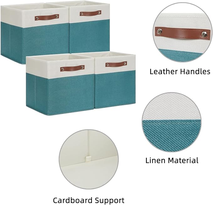 HNZIGE Storage Cubes Bins for Organization Set of 4, Fabric Storage Cube 12 x12, Collapsible Storage Bins Basket Cube with Handles, Canvas for Organizing Shelf Home Nursery(Teal White)-BubblyBeeBaby