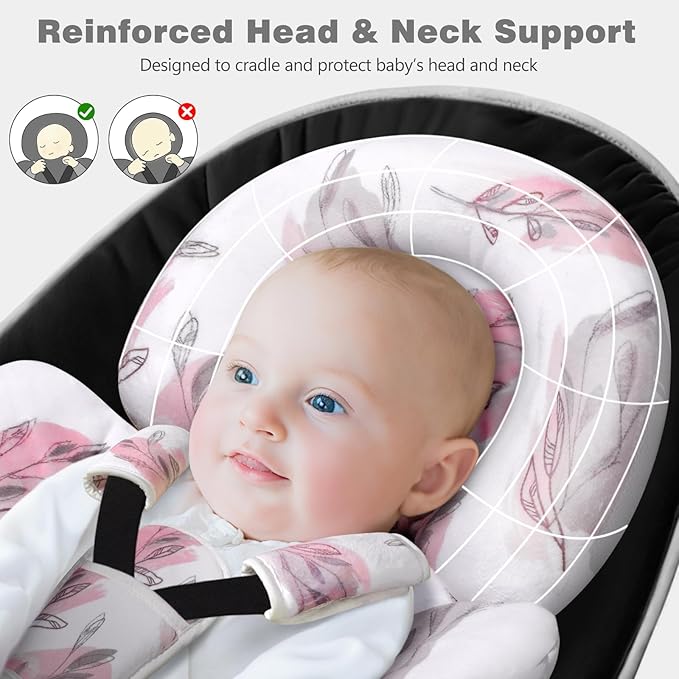 Upgraded Infant Car Seat Insert, 2-in-1 Reversible Baby Car Seat Head Support with 3 Strap Covers, All Seasons Newborn Car Seat Insert and Baby Carseat Cushion for Stroller, Swing, Rocker, Bassinets-BubblyBeeBaby
