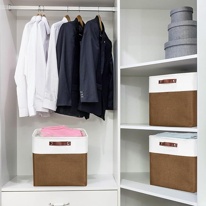 13x13 Cube Storage Bins, Collapsible Fabric Storage Box, 4 Pack Closet Baskets with Handles for Organizing, Shelf, Toys, Clothes, Home, Office, Nursery (Brown&White)-BubblyBeeBaby
