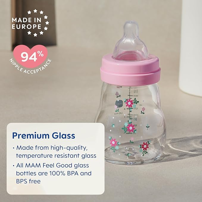 MAM Premium Glass Baby Bottles, Easy Switch Between Breast and Bottle, Feel Good Medium Flow, Newborn Essentials Must Have, 2+ Months, BPA Free, 9oz, Girl, 3 Pack-BubblyBeeBaby