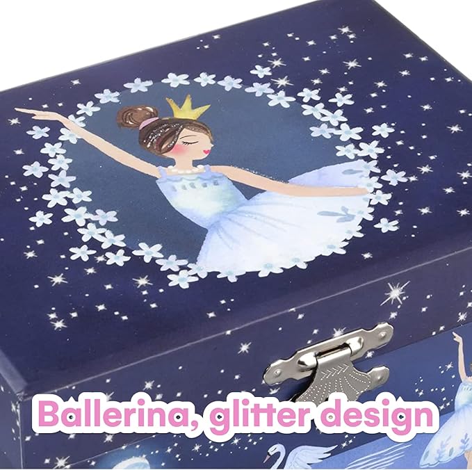 Jewelkeeper Girl's Musical Jewelry Storage Box with Spinning Ballerina, Glitter Design, Swan Lake Tune-BubblyBeeBaby