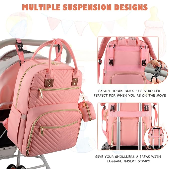 Baby Diaper Bag Backpack, Travel Diaper Bags for Baby Girl Boy Large Capacity Baby Bag Backpack for Women Light Pink-BubblyBeeBaby