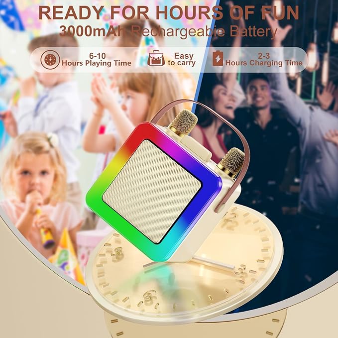 Karaoke Machine for Kids Adults, Portable Bluetooth Karaoke Speaker with 2 Wireless Microphones, Karaoke System with Mics Storage Hole and Lights, Birthday Gifts for Girls Boys Family Home Party-BubblyBeeBaby