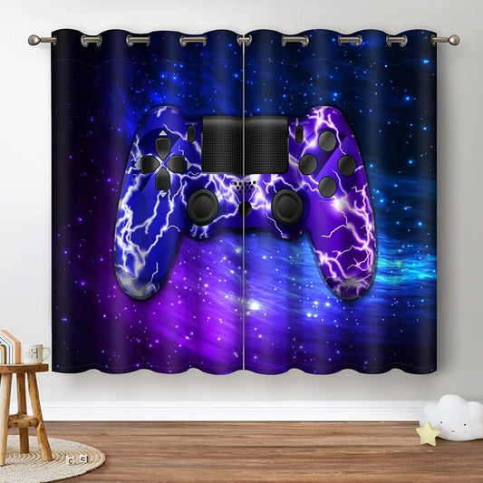 Jekeno Gamer Gaming Gamepad Blackout Curtains Kids Boys Teens Bedroom Purple Blue Video Game Controller Decor Home Living Room Darkening Grommet Window Drapes 2 Panel Set, 42"x63"-BubblyBeeBaby