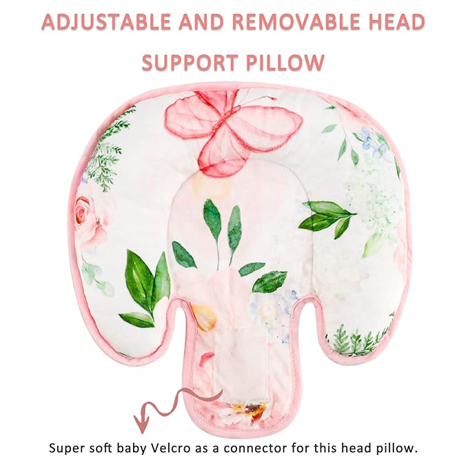 2 in 1 Infant Car Seat Insert, Adjustable Car Seat Head Support Baby Girls Boys, Soft Newborn Carseat Insert Cushion, Perfect for Carseats, Strollers, Swings (Pink Flower)-BubblyBeeBaby