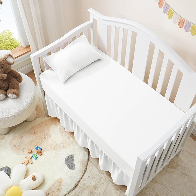 Horbaunal 2 Pack Crib Skirt & Crib Bed Sheet Set, White Crib Bed Skirt 28" x 52" with 14" Drop Dust Ruffle, Soft Microfiber Toddler Bedskirt Nursery Bedding Skirt for Baby Girls and Boys-BubblyBeeBaby