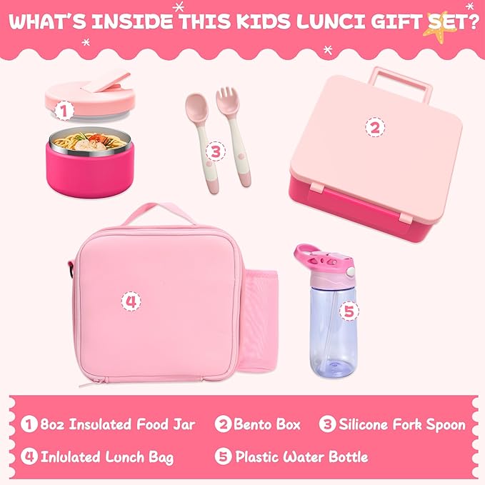Kids Bento Lunch Box with 8oz Soup Thermo, Water Bottle, Leakproof Lunch Food Containers with 4 Compartment, Kids Insulated Hot Food Jar with Lunch Bag for School(Pink)-BubblyBeeBaby