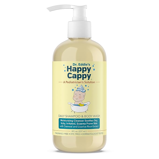 Happy Cappy Baby Shampoo and Body Wash - Shampoo & Body Wash for Eczema-Prone Skin, For Infants, Toddlers, & Kids, Reduces Itching and Redness, Dermatologist Tested, Fragrance Free - 8 fl oz-BubblyBeeBaby